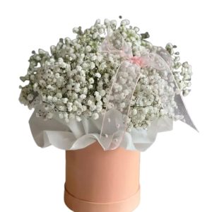 Композиція із 7 білої гіпсофіли в шляпній коробці