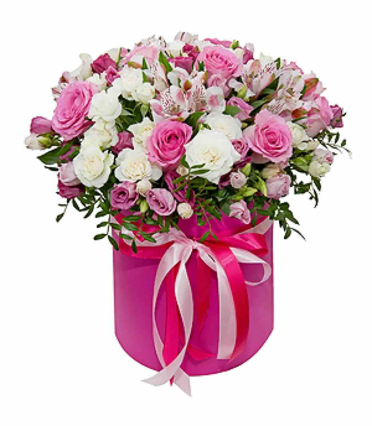 Композиція в коробці із еустоми, троянди та альстромерії