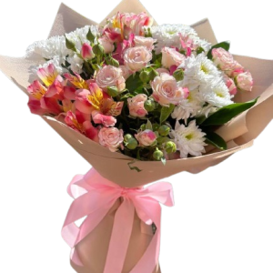 Ніжний букет із кущової троянди та альстромерії