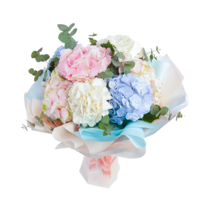Букет із 7 гортензій у ніжних відтінках з евкаліптом