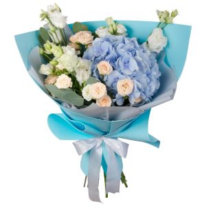 Букет із гортензії, еустоми та кущової троянди