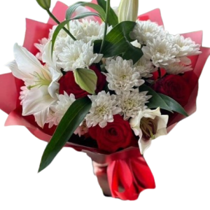 6717928750_buket-iz-rozy-removebg-preview Ароматна композиція з троянди, лілії та хризантеми