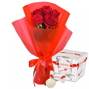 5 червоних троянд та Rafaello "Комплімент"