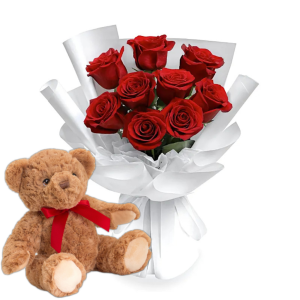 Букет із 9 червоних троянд і ведмедик «Обіймаю тебе»