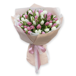 Букет із 31 білого та рожевого тюльпана
