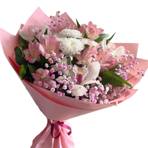 Збірний букет із альстромерії,орхідеї та хризантеми