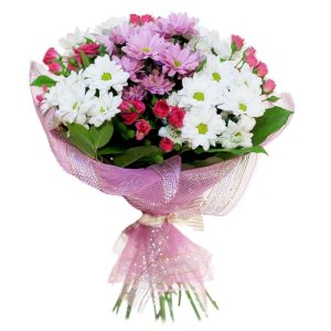 Ніжний мікс білих хризантем та рожевих кущових троянд