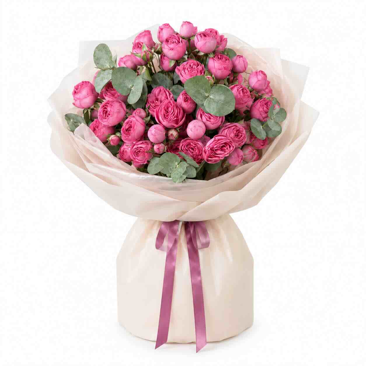 Букет з 7 рожевих кущових піоноподібних троянд "Рожевий мус"