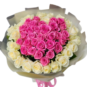 Букет у формі серця із 51 білої та рожевої троянди