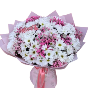 Букет із 11 ромашкової хризантеми та гіпсофіли