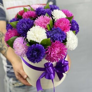 Композиція в коробці із 19 різнокольорових айстр