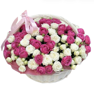 Кошик із 57 півонієподібних троянд