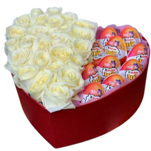 Композиція сюрприз в серці із 25 білих троянд