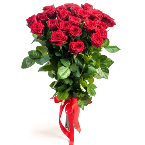 Букет із 25 червоних троянд під стрічку